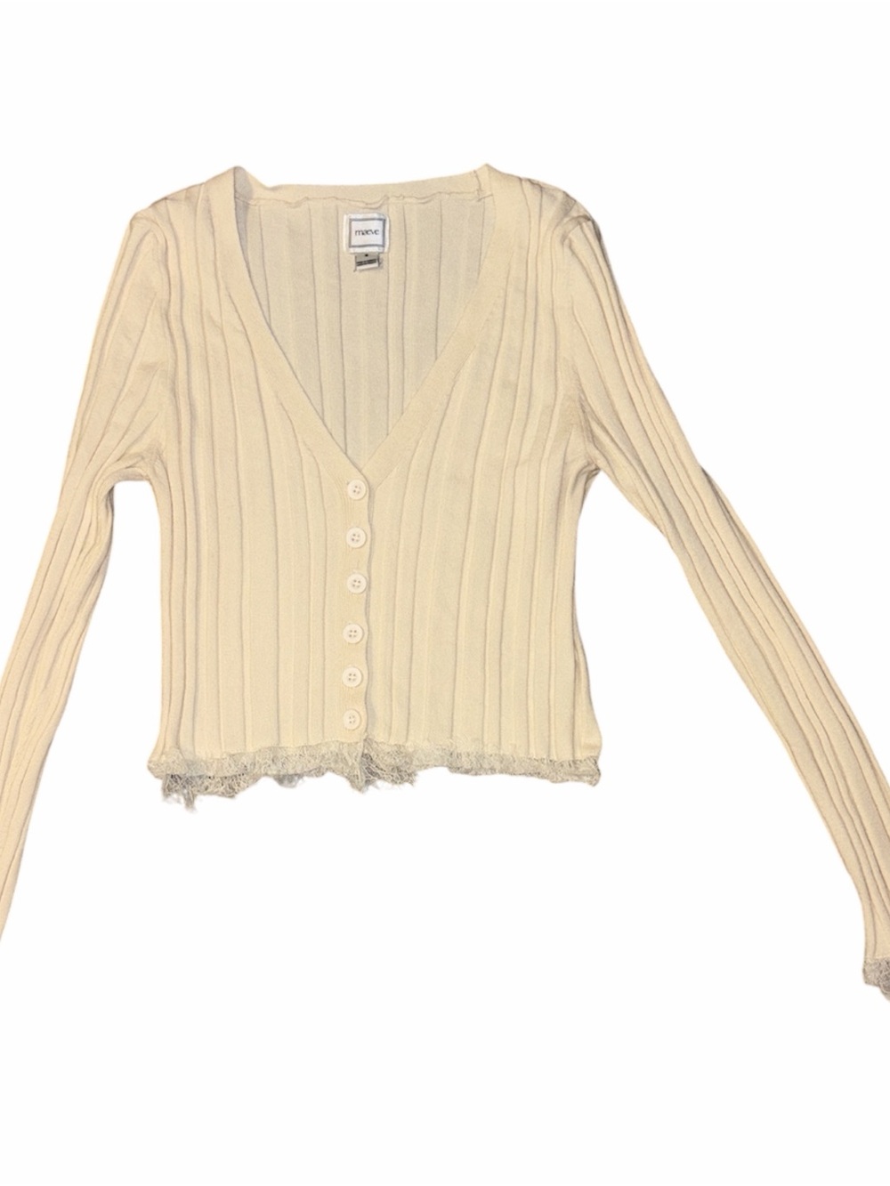 Maeve Cream Ribbed V-Neck Buttoned Lace-Hem Cardigan
